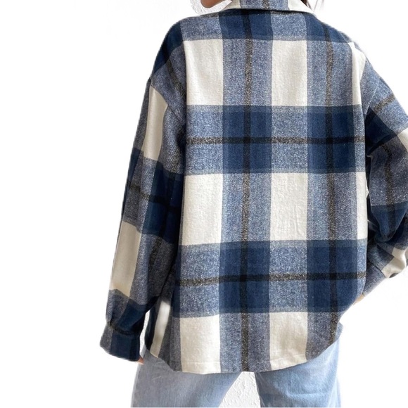 Oversized Blue Plaid Flannel Button-Up Shirt Jacket - Picture 2 of 5